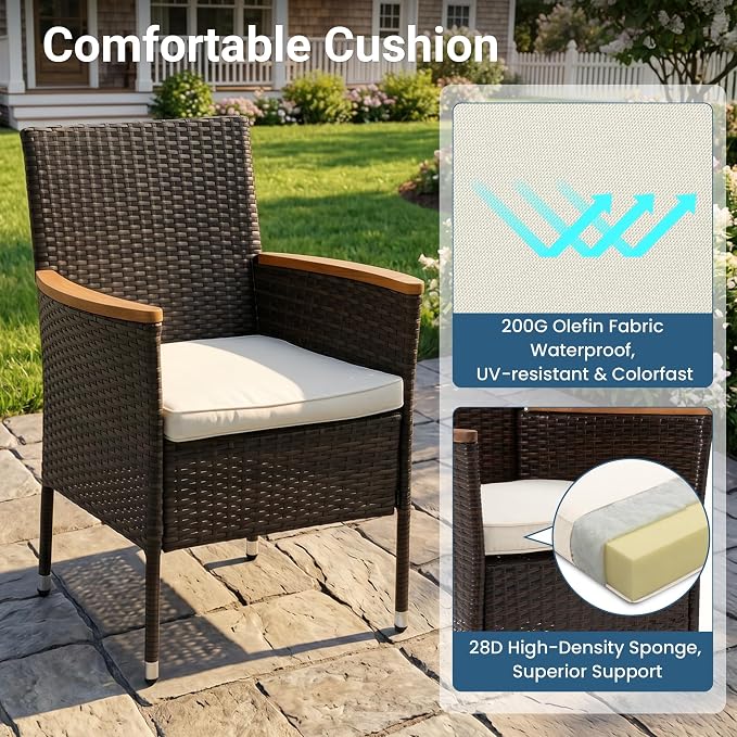 Wisteria Lane Patio Outdoor Table and Chairs Set, Rattan Outdoor Patio Furniture Set with Removable Cushions, Outdoor Patio Dining Sets with Acacia Wood Tabletop for Garden Backyard Deck, Brown