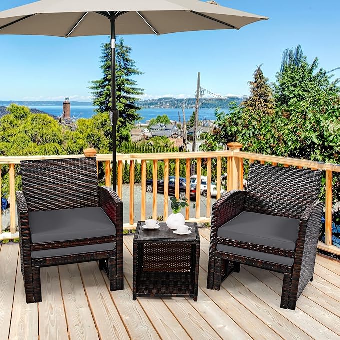 Tangkula 5 Pieces Wicker Patio Conversation Set, PE Rattan Outdoor Chairs & Ottomans Set with Single-Door Storage Coffee Table, Space-Saving Patio Furniture for Poolside, Backyard, Lawn, Deck (Grey)