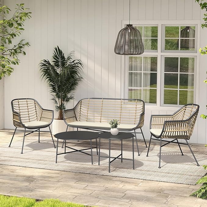 Grand patio Patio Furniture Set, Outdoor Wicker Patio Conversation Seating Chair with Cushions and Coffee Table, Boho Seating Chat Set for Indoor Outdoor, Balcony, Porch, Garden, Deck