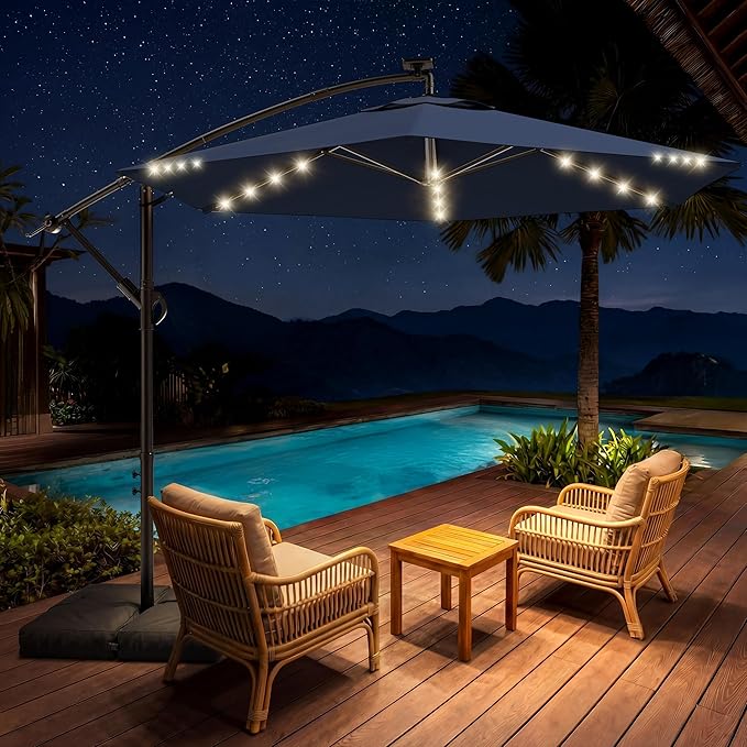 HOMSHADE 10FT Offset Patio Umbrella with Solar Lights, Outdoor Patio Umbrella with Base Included, Easy Tilt and UPF50+ Cantilever Market Hanging Umbrellas for Pool, Deck, Garden, Patio (Navy Blue)
