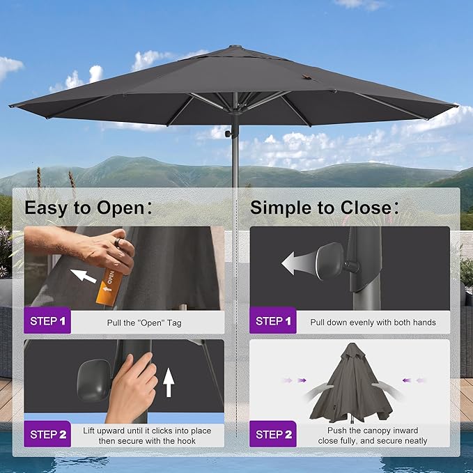 PURPLE LEAF 13 FT Commercial Round Patio Market Table Sun Umbrella Semi Auto Open All Weather Maximum Coverage for Hotel Resort Cafe Restaurant Garden Business Use Grey