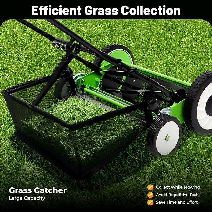 Push Reel Lawn Mower 16 inch, 5 Blades Manual Push Mower with Grass Catcher Bag, 1.34-2.52 in Adjustable Cutting Height for Small Medium Lawns, Yards, Driveways