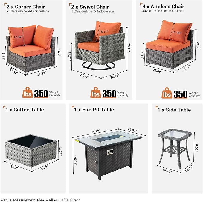 ovios 11 Piece Outdoor Patio Furniture Set with Fire Pit Table,Conversation Sectional Wicker Couch with Swivel Chairs,Modern Outside Sofa for Balcony Backyard, Orange