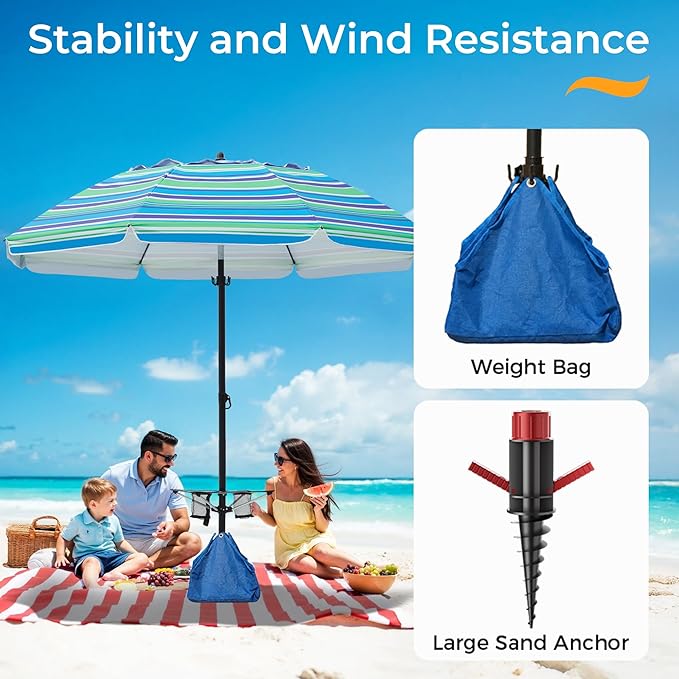 HOMEDEMO 8FT Large Beach Umbrella with Weight Bag & Sand Anchor, Outdoor Umbrellas with Adjustable Aluminum Pole and Table, Heavy Duty Windproof & UPF 50+
