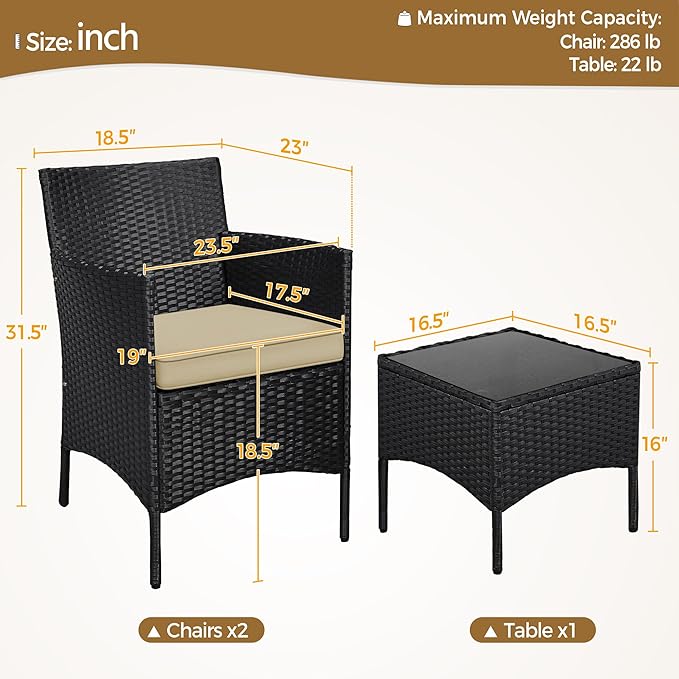 Yaheetech 3 Pieces Patio Conversation Set, Outdoor Rattan Bistro Furniture, 2 Chairs with Cushions & 1 Side Table for Bistro/Porch/Garden/Deck/Courtyard, Black/Khaki