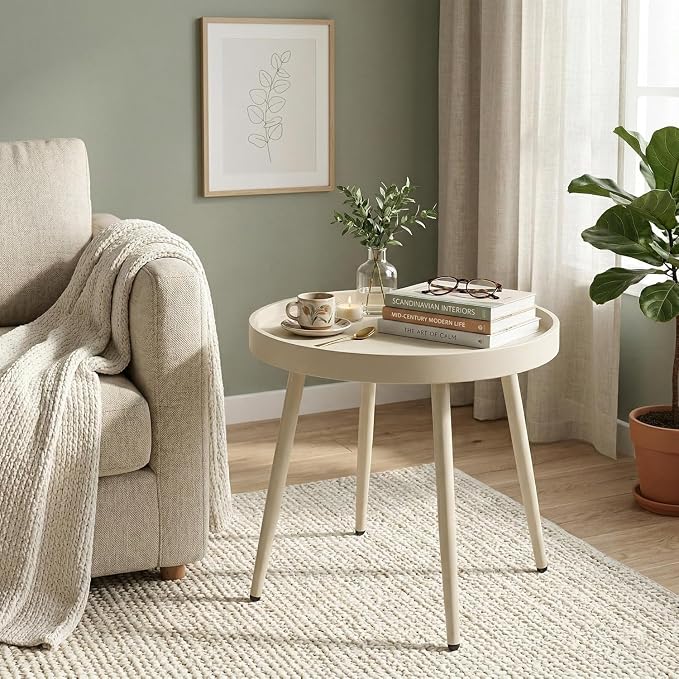 Small Outdoor Side Table - Round Metal End Table with PP Desktop & Anti-Fall Fence - Mini Coffee Table for Small Spaces - Patio, Porch, Living Room- Camel