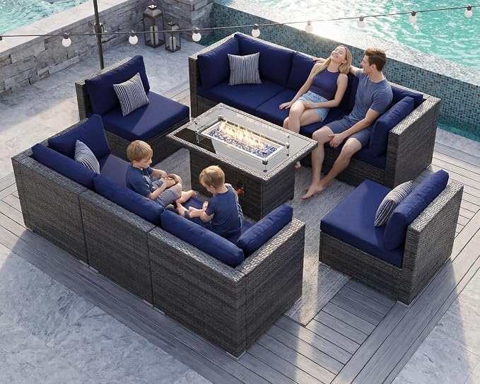 BULEXYARD 9 Piece High Back Outdoor Sectional Seating with Fire Pit Table, Heavy Duty Sturdy Wicker Patio Set Conversation Couch Sofa, Extra Wide Deep Large 8-Person Deck Furniture, Grey & Navy Blue