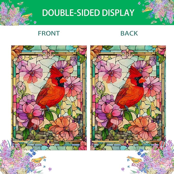 Stained Glass Spring Summer House Flags 28x40 Double Sided Large Cardinal Birds Garden Flag Flower Yard Flags for Outside Decorations