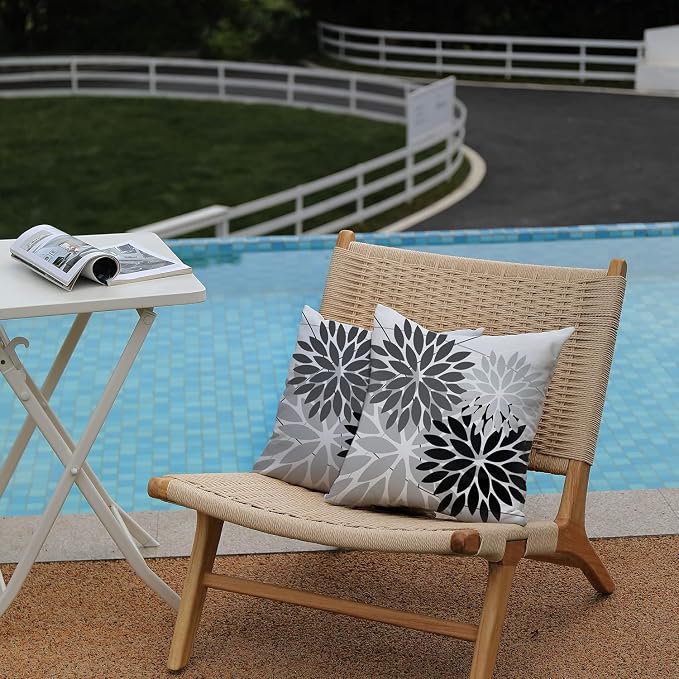 DFXSZ Pack of 2 Outdoor Waterproof Throw Pillow Covers 16x16 Grey Black | Polyester Colorful Spring Summer Floral Decorative Cushion Cases(NO INSERT),For Couch Patio Funiture Garden Home Decor