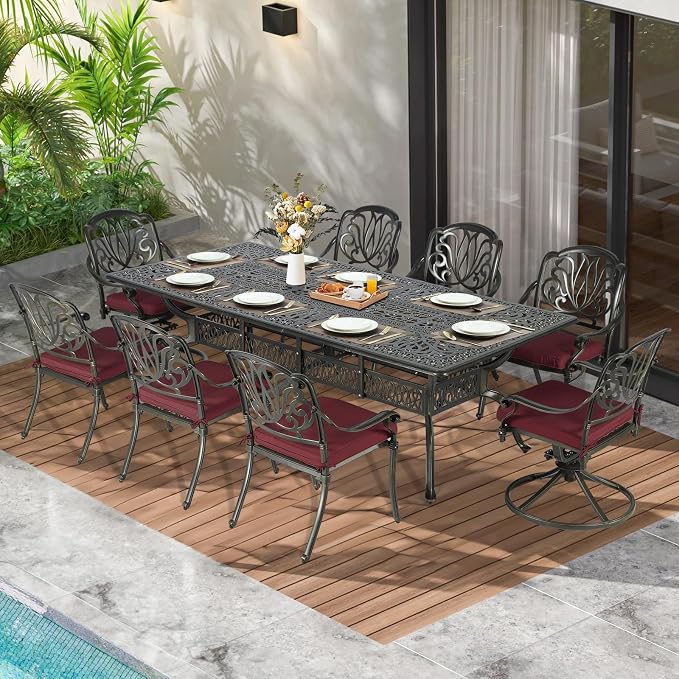 MEETWARM 9-Piece Outdoor Patio Dining Set, All Weather Cast Aluminum Patio Funiture Table and Chairs Set- 94.5” Rectangular Table and 2 Swivel Rocker Chairs, 6 Stationary, Umbrella Hole, Chili Red