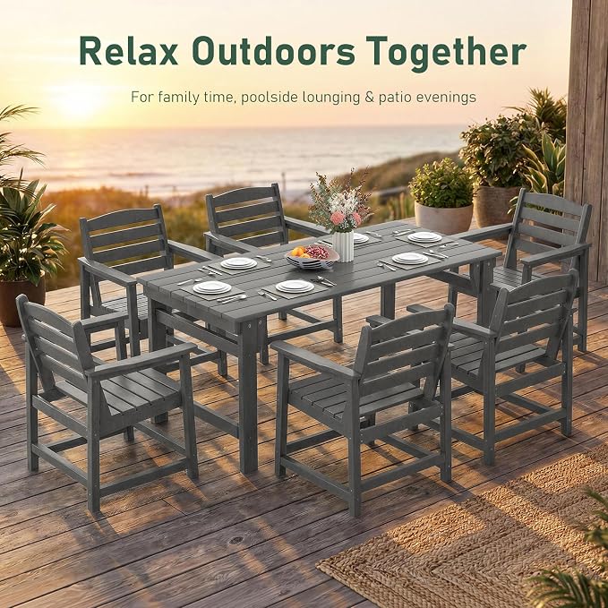 Furnimart 7-Piece Outdoor Dining Set, 67" HDPE Dining Table and Chairs for 6, All-Weather Patio Dining Set with Umbrella Hole, Outdoor Furniture Set for Backyard, Garden, Lawn & Poolside, Grey