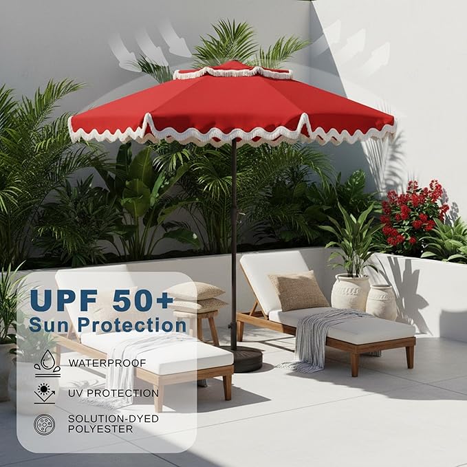 9FT Patio Umbrella with Fringe,Tassel Umbrella with Push-Button Tilt | UPF 50+ & Rust-Resistant Fiberglass Frame for Patio, Pool,Garden,Yard(Red)