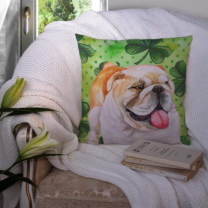 Caroline's Treasures BB9813PW1414 English Bulldog St Patrick's Fabric Decorative Pillow, Green Machine Washable, Indoor Outdoor Decorative Pillow for Couch, Bed or Patio, 14Hx14W