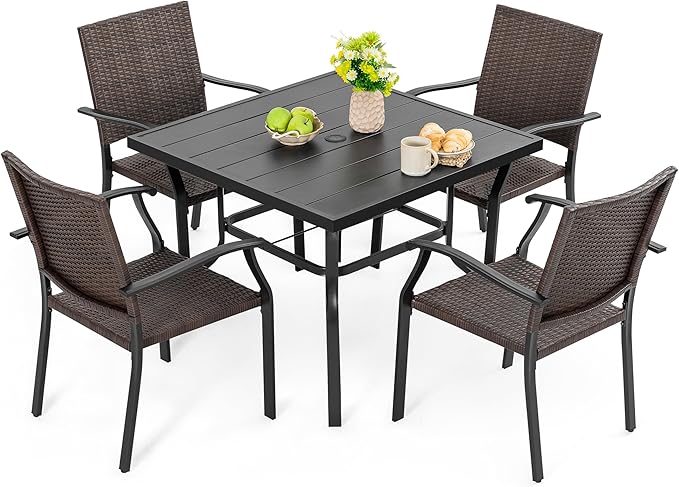 NUU GARDEN Outdoor Dining Set 5-Piece Patio Dining Set with Umbrella Hole, Weather-Resistant Iron Table with 1.57'' Umbrella Hole and 4 Wicker Chairs for Yard, Deck and Poolside, Black