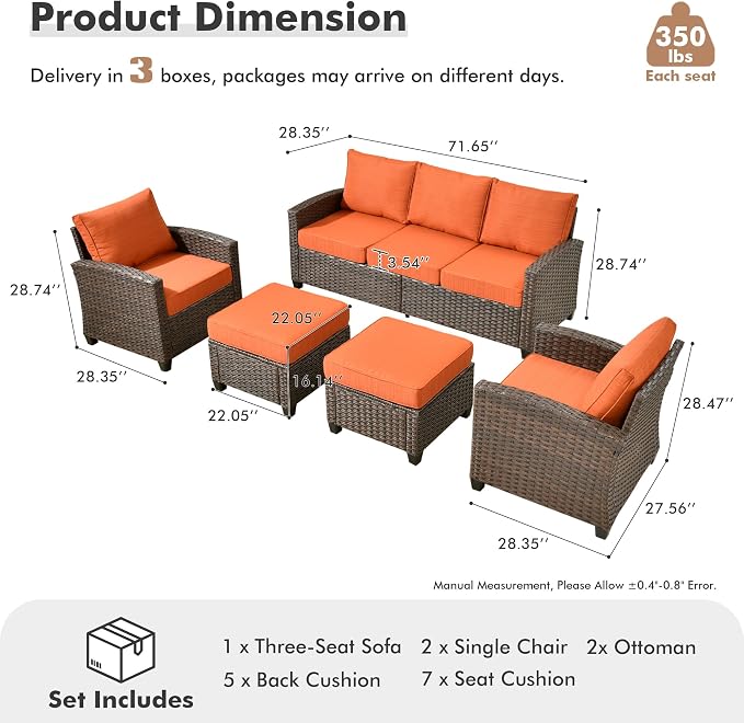 ovios 5 Pieces Patio Furniture Set, Outdoor Wicker Sofa Couch with Chairs Comfy Cushions, All Weather Brown Rattan Conversation Set for Backyard Deck Porch, Orange Red