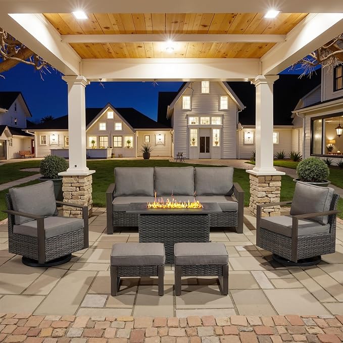 Belord 6 Piece Outdoor Patio Furniture Set with Propane Fire Pit Table, Wicker Patio Conversation Set with 2 Swivel Rocker Chairs Rattan Sofa and Removable 4" Thick Cushions for Deck Backyard