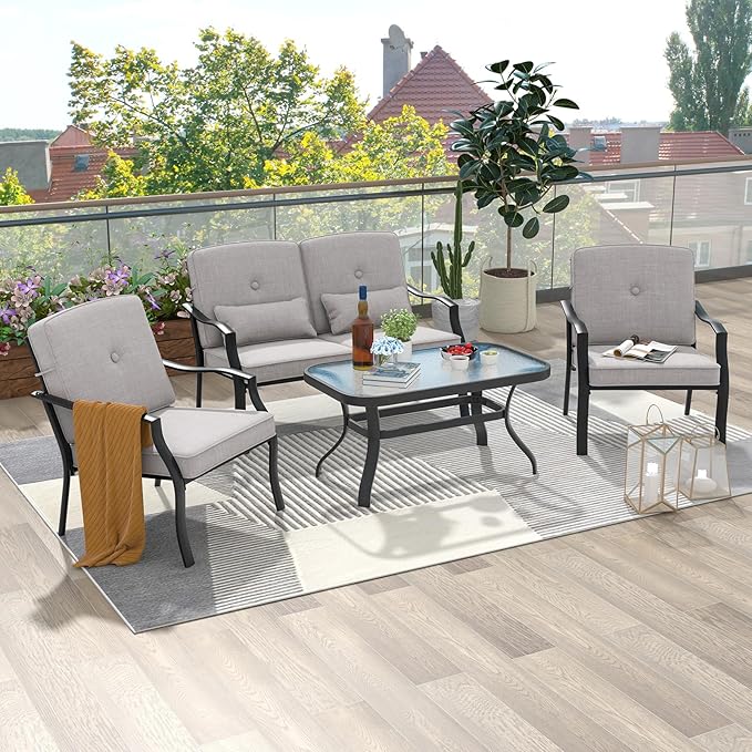 Tangkula 2 Piece Patio Furniture Set, Outdoor Loveseat Chair Set with Seat Back Cushions & Waist Pillows, Tempered Glass Coffee Table, Heavy-Duty Metal Sofa Set for Yard Garden Balcony Poolside