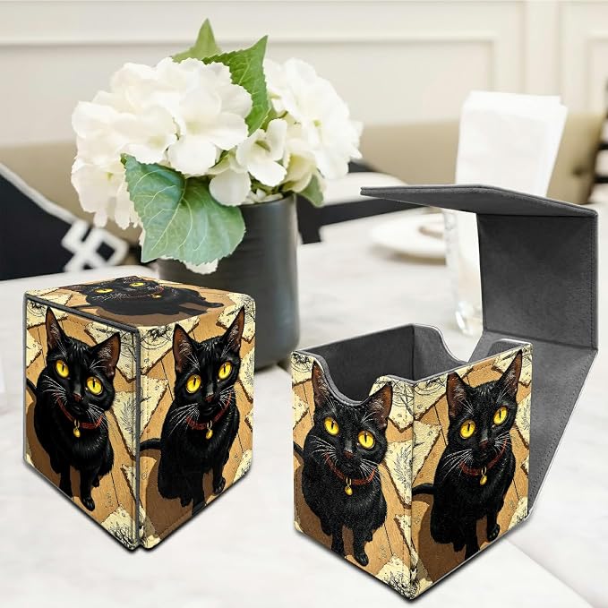 Yellow Eyed Cat Card Deck Box for MTG, Personalized Card Storage Case Fits 120+ Sleeved Cards, Premium Leather TCG Box with Strong Magnetic Closure for Magic, CCG, PTCG, Baseball Cards