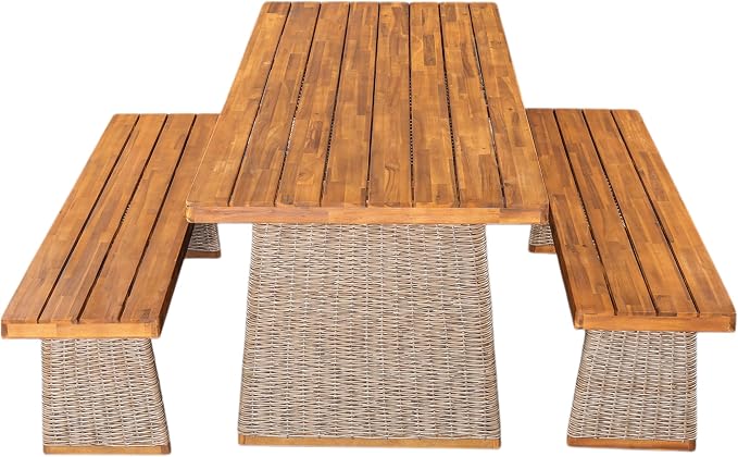 Merax 3-Piece Outdoor Dining Set Acacia Wood, 1 Table + 2 Benches, Slatted Design Tabletop & Woven Rattan Legs, Weather-Resistant Rectangle Patio Dining Set, Brown