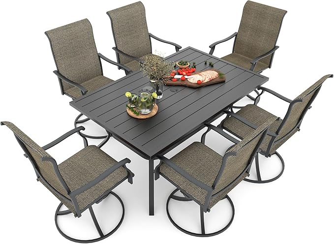 Anmutig 7-Piece Outdoor Dining Set, 6 Swivel Patio Chairs & 60'' Rectangular Dining Table with All Weather Frame Furniture Set - Tan Grey Style1