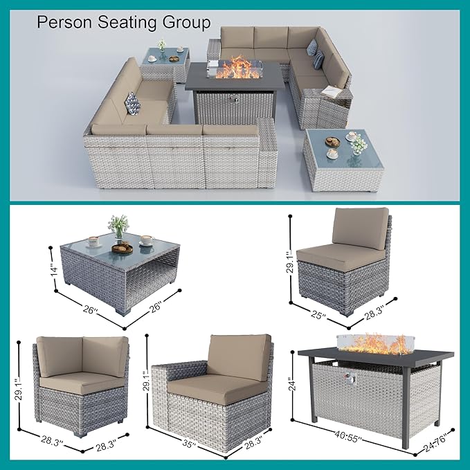 13-Piece Patio Furniture Set, Outdoor Extra Wide Armrest Modular Patio Sofa with Fire Pit Table, Dual-Strand Rattan Wicker High Back Large Seat Furniture for Backyard Porch Garden Balcony, Khaki