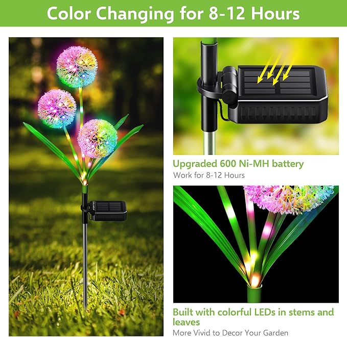 WdtPro Solar Lights Outdoor Garden Decor, 4 Pack 12 Heads Solar Flower Lights, 2 Modes 144 LEDs Dandelion Light & Glowing Stems, Brighter Waterproof Decorative Garden Lights for Yard, Patio, Gifts