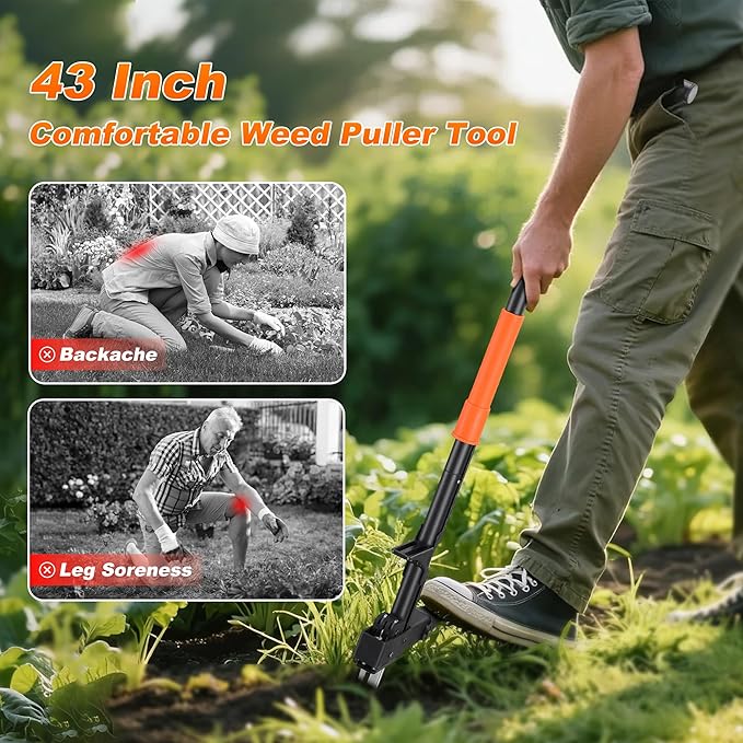 Weed Puller Tool with Long Handle, Stand Up Weeding Tool Gardening for Various Grass, Weed Remover Pulling Extractor Tool for Garden, Lawn, Yard , 4 Metal Claws with Foot Pedal Manual Weeders 43"