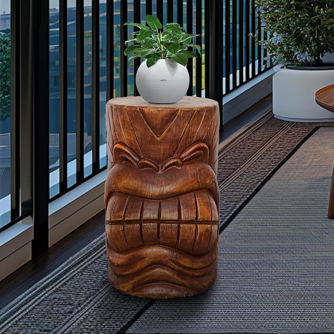 SKYFIRE Tiki Face Faux Wood Stump - The Grand Tiki Face Kanaloa Teeth Indoor Outdoor Side Table Statue for Garden, Patio, Backyard, Lawn, House, Office Decor -19.6" H Concrete Tiki Statue
