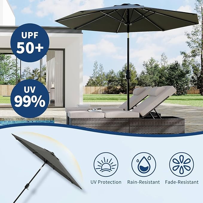 Garvee 9 ft Patio Umbrella - 8 Sturdy Ribs Outdoor Table Umbrella with Crank Lift & Push Button Tilt - Market Umbrella for Pool, Deck, Yard, Garden - Gray