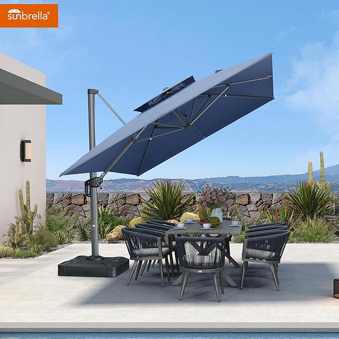 PURPLE LEAF Patio Umbrella with Base Included 10' X 13' Outdoor Cantilever Umbrella Large Rectangle Double Top Heavy Duty Offset Umbrella with 360-Degree Rotation for Pool Garden Deck Spectrum Denim