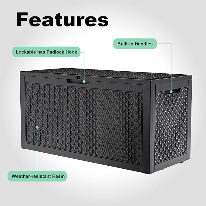 Outdoor Waterproof Resin Storage Deck Box Lockable Outside Bench UV Resistant Bin Patio Porch Furniture Pool Float Garden Tool Cushion (Black, 110 Gallon)
