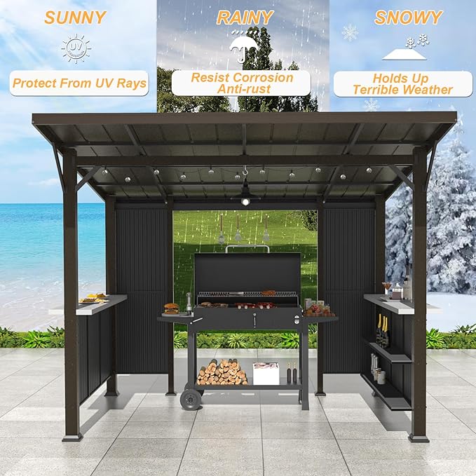 ALAULM 10'x 10' Hardtop Grill Gazebo, Outdoor BBQ Gazebo with Storage Shelves and Expansion Platform, Permanent Galvanized Steel Lean to Canopy with Grey-Black Metal Privacy Screen for Patio