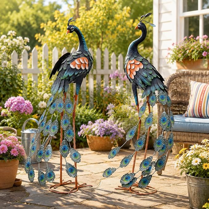 36" Peacock Decor Set of 2, Metal Yard Art Hand-Painted | Oversized Garden Statues & Sculptures for Lawn, Flower Beds, Patio, Backyard , Indoor Kitchen & Home Decor,Weatherproof