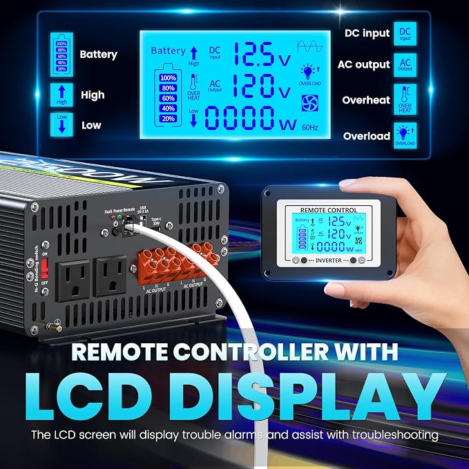 2500W Pure Sine Wave RV Inverter with Built-in ATS, 12V DC to 110V/120V AC Power Converter, 5000W Peak, Automatic Shore Power Bypass, Hardwire Ready for RV Electrical Systems, LCD Remote, USB & Type-C