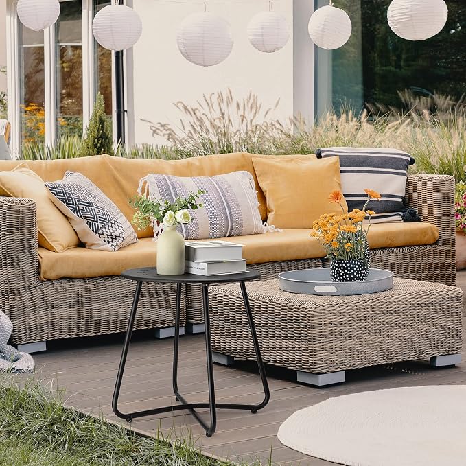 danpinera 2 Outdoor Side Tables with Flower Cut Outs, Weather Resistant Steel Patio Side Table, Small Round Outdoor End Table Metal Side Table for Patio Yard Balcony Garden Black, Set of 2