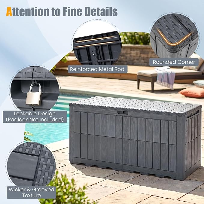 HAPPYGRILL 120 Gal Outdoor Deck Box, Lockable Storage Bin with Lid and Handles, Waterproof and Sun-Protective Patio Bench and Storage Box for Garden Tools Pool Supplies (Gray, 120Gallon)