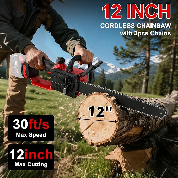 12 Inch Brushless Chainsaw Cordless for Milwaukee 18V Battery, Handheld Electric Chain Saw with 3 Chains, Tool-free Chain Tension and Auto Oiling for Wood Cutting Tree Trimming (Battery Not Included)