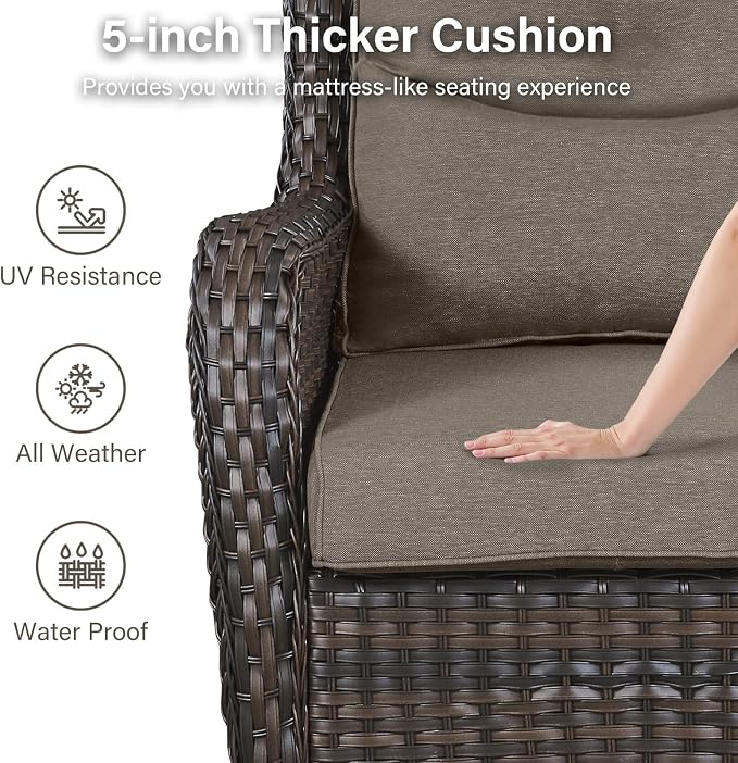 Outdoor Swivel Rocker Patio Chairs Set of 4-5" Thick Cushion 4 Piece Furniture Set All Weather Comfortable Wicker Conversation Set for Porch Poolside and Deck - Brown/Gray