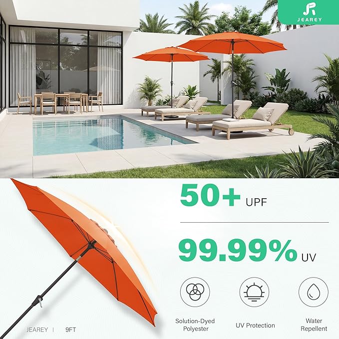 JEAREY 9FT Outdoor Patio Umbrella,Market Table Umbrella with 8 Fiberglass Ribs, Pool Umbrella with Tilt and Crank, UV Protection Lightweight & Wind-Resistant for Lawn, Garden, Deck and Backyard, Orange