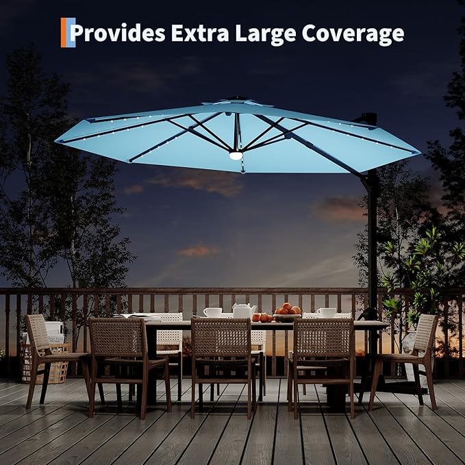Garvee 10 ft Cantilever Patio Umbrella with Solar Lights, 360°Rotation Offset Umbrella, Easy Crank & Tilt Adjustment, UV Protection for Backyard, Poolside, Deck -Turquoise