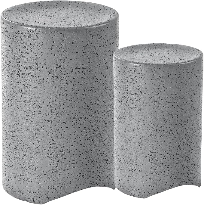 HOMPUS Outdoor Concrete Side Table Set of 2, Outdoor Nesting Table Round w Spotted Modern Vintage MgO, Lightweight Functional Patio Accent Table for Indoor Outside, Garden, Deck, Poolside, Grey