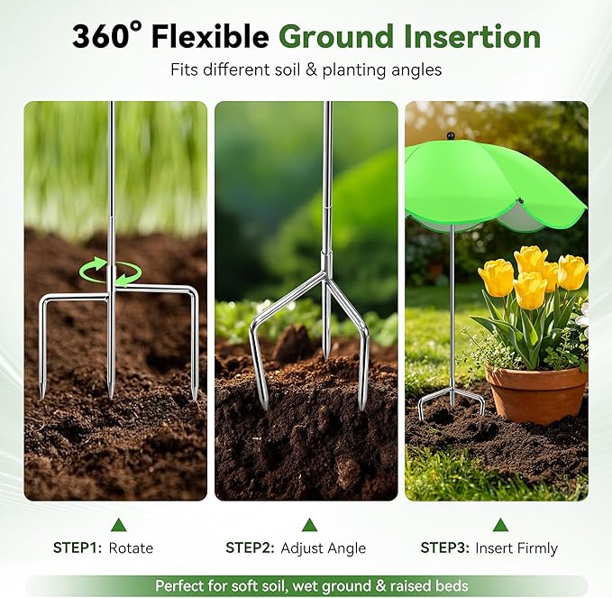 4 Pack Plant Umbrellas for Outdoor Plants, Upgraded 360° Rotating 3-Prong Ground Stake for Stronger Grip, Stable Garden Shade Umbrella for Flowers, Vegetables, Fruit Trees, Raised Beds & Planters
