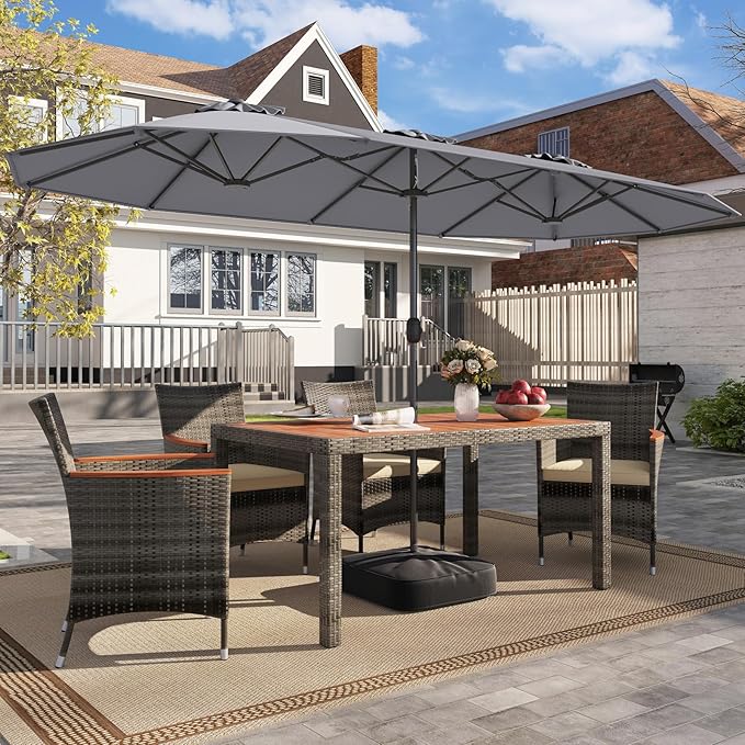 Tangkula 13FT Double-sided Patio Umbrella, Extra Large Twin Table Umbrella with Crank Handle, Umbrella Base, Safety Lock, Air Vent, Outdoor Market Umbrella for Garden Pool Backyard (Gray)