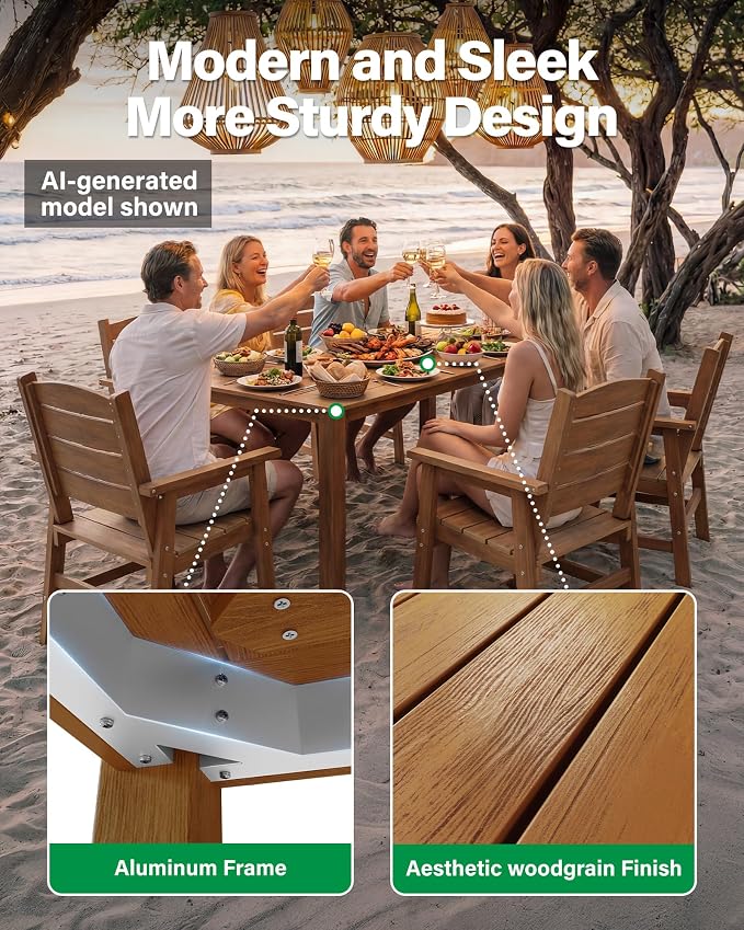 YEFU 7-Piece Patio Dining Sets: All-Weather Outdoor Table and Chairs with Umbrella Hole & Aluminum Frame - HIPS Modern Outside Furniture Plastic Patio Dining Set for 6 for Family Meals in Deck Teak