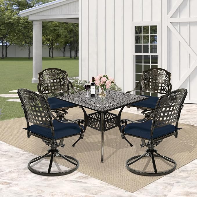 5 Piece Patio Dining Set, Outdoor Table and Chairs Set for 4 Cushioned Swivel Rocking Chairs and 35.4'' Square Table, All-Weather Cast Aluminum Patio Funiture Set, 2.2'' Umbrella Hole, Navy