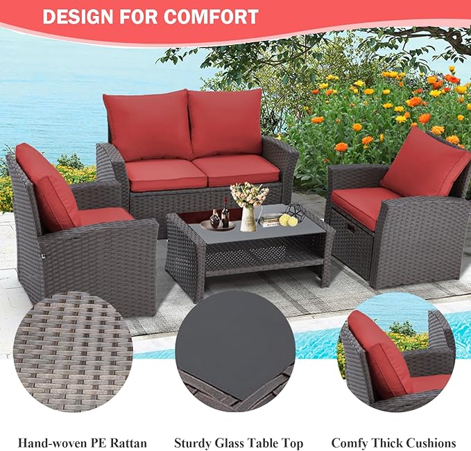 HOMREST 6 Piece Patio Conversation Set, Outdoor Sectional Conversation Rattan Sofa Set with Ottoman and Outdoor Storage Table for Garden, Porch, Backyard (Burgundy)