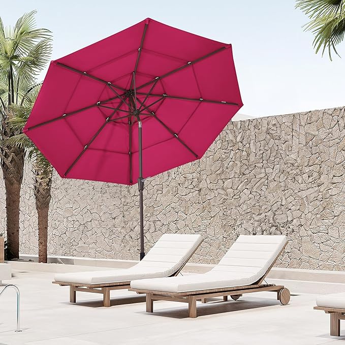 JEAREY 9FT 3 Tier Patio Umbrella Outdoor Market Umbrella Table Umbrellas with 8 Ribs 1.5 Pole Push Button Tilt and Crank UV Protection for Garden,Backyard,Pink