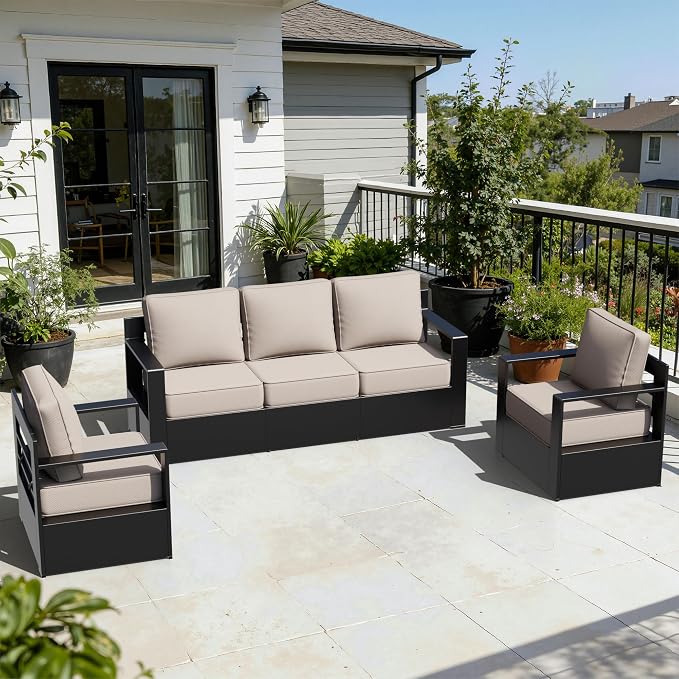 Outdoor Aluminum Furniture Set, 3-Piece Patio Conversation Set, 2 Chairs and 1 Sofa, All-Weather Metal Frame, 6" Thick Removable Cushions, Deep Setting for Garden, Poolside and Porch