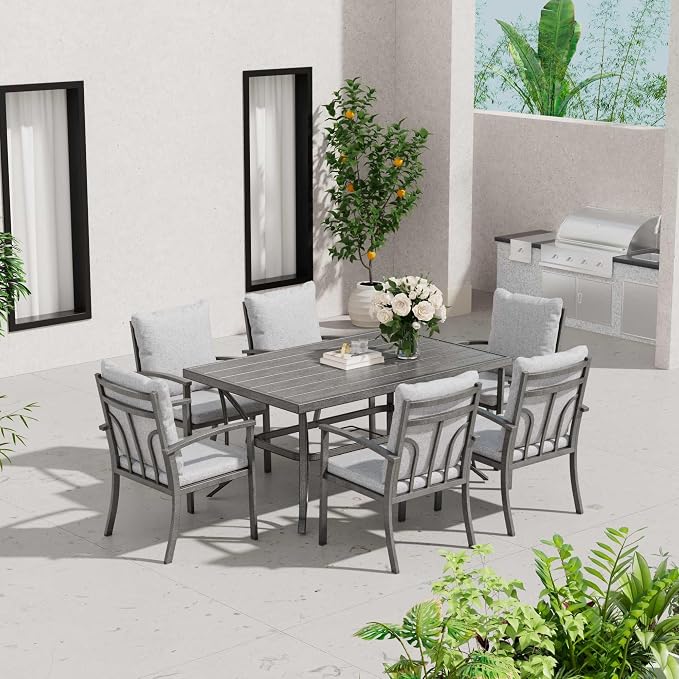 HAPPATIO 7-Piece Outdoor Dining Set - All Aluminum Patio Table and Chairs Set for 6 Includes 1 Rectangular Dining Table and 6 Dining Chairs with Cushions, Patio Dining Set for Lawn, Garden, Backyard