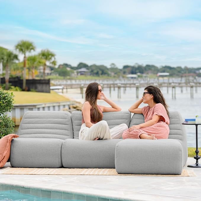 Big Joe Solvana Outdoor Sectional, 4 Piece Patio Furniture Set, Performance Linen Weather-Resistant Fabric Sofa, Port Gray